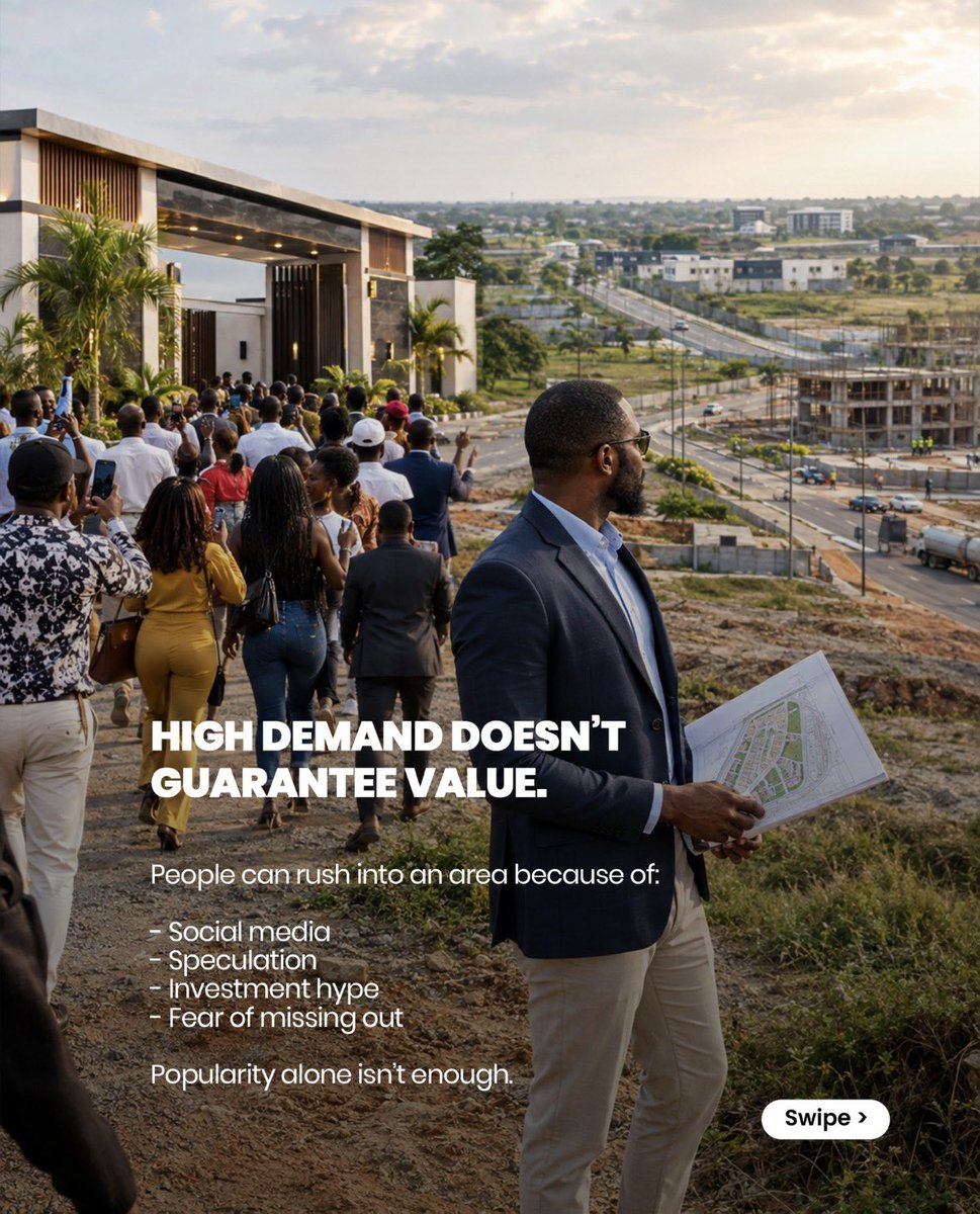 King_E_Philips's tweet photo. THE IMPORTANT QUESTION
Instead of asking: "Is everyone buying here?"

Ask:

- WHY is everyone buying here?
- Is there genuine demand?
- Is the area becoming more accessible?
- Is development actually happening?
- Are people going to want to live, work or do business there? https://t.co/sh6EJKKwld