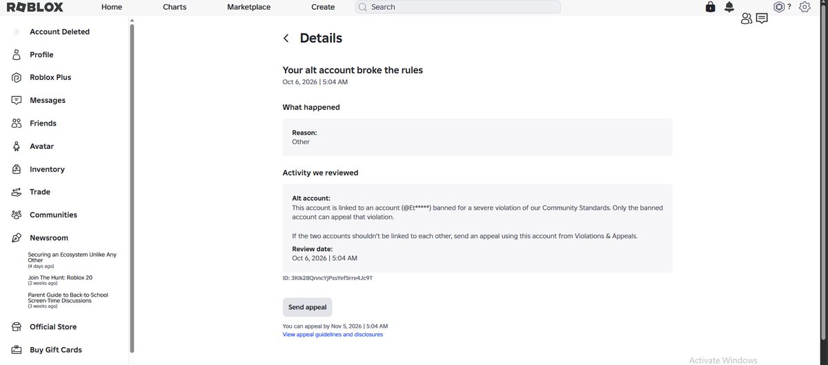 Tgnrs864's tweet photo. I’m done with Roblox.

Roblox has now banned around 8 of my accounts because of two alleged alternate accounts. The weird part is that when I check those accounts each one says the enforcement is related to the other account basically putting me in a loop.
#roblox #kreekcraft https://t.co/eLyyT9a6a3