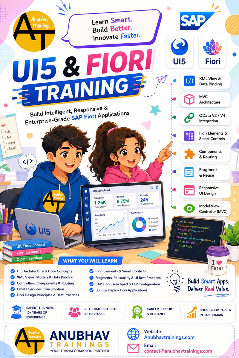 Awasthi1Vedika's tweet photo. π Join UI5 & Fiori Training at Anubhav Trainings and take your SAP career to the next level.
π Enroll: https://t.co/zXVnkG9Ncs
π© contact@anubhavtrainings.com
#SAPUI5 #SAPFiori #SAPDevelopment #SAPTraining #ABAP #SAPConsultant #FioriDeveloper https://t.co/0yba6bgat4