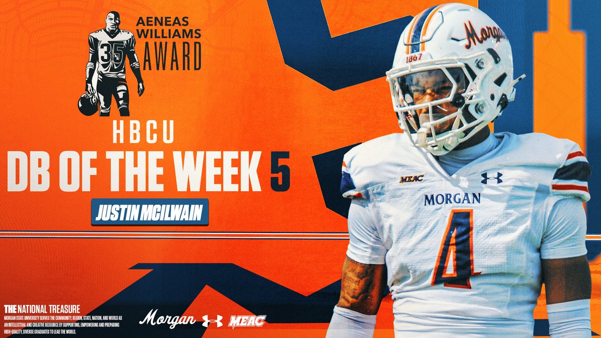 MorganStBears's tweet photo. 🛡️ WEEK 5️⃣ TOP DB!

🐻🏈 @MSUBearsFB S Justin McIlwain earns Aeneas Williams Award HBCU DB of the Week honors! 🏆

📊 9 tackles. 6 solo. 1 INT
▶️ https://t.co/vTvNPxNjBw

@MEACSports | @UnderArmour 
#GoBears🔷🔶 https://t.co/vqUY3bFotE