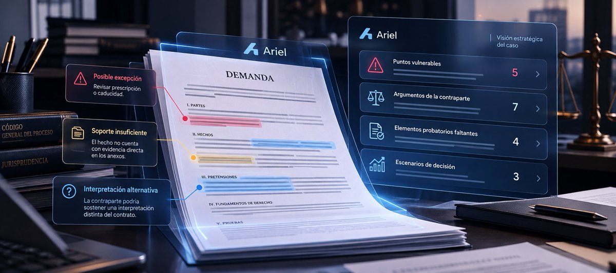 ArielAppIA's tweet photo. ¿Qué tan sólida es tu estrategia jurídica cuando dejas de analizarla desde tu propia posición? ⚖️

Con Ariel puedes cargar una demanda, contestación o expediente y pedirle que asuma el rol de la contraparte para identificar vacíos probatorios, posibles excepciones, argumentos de ataque y puntos débiles de tu teoría del caso.

También puedes utilizarlo para realizar una lectura neutral del expediente y plantear distintos escenarios de decisión, siempre bajo la revisión y criterio del profesional.

En nuestro nuevo artículo explicamos cómo utilizar la inteligencia artificial como herramienta de contraste para preparar mejor un litigio antes de que la contraparte encuentre esas debilidades por ti.

#InteligenciaArtificial #LegalTech #Derecho

https://t.co/cVktmejJRc