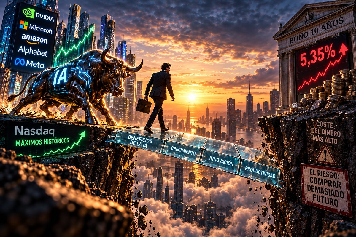 WStreet_Insider's tweet photo. Nasdaq en máximos y el bono a 10 años en el 5,35%. 

Esa combinación solo funciona mientras los beneficios prometidos por la IA crezcan más rápido que el coste del dinero.

El problema no es pagar caro hoy. Es descubrir mañana que compraste demasiado futuro.

#IA #Mercados https://t.co/jDNo9JgoNd