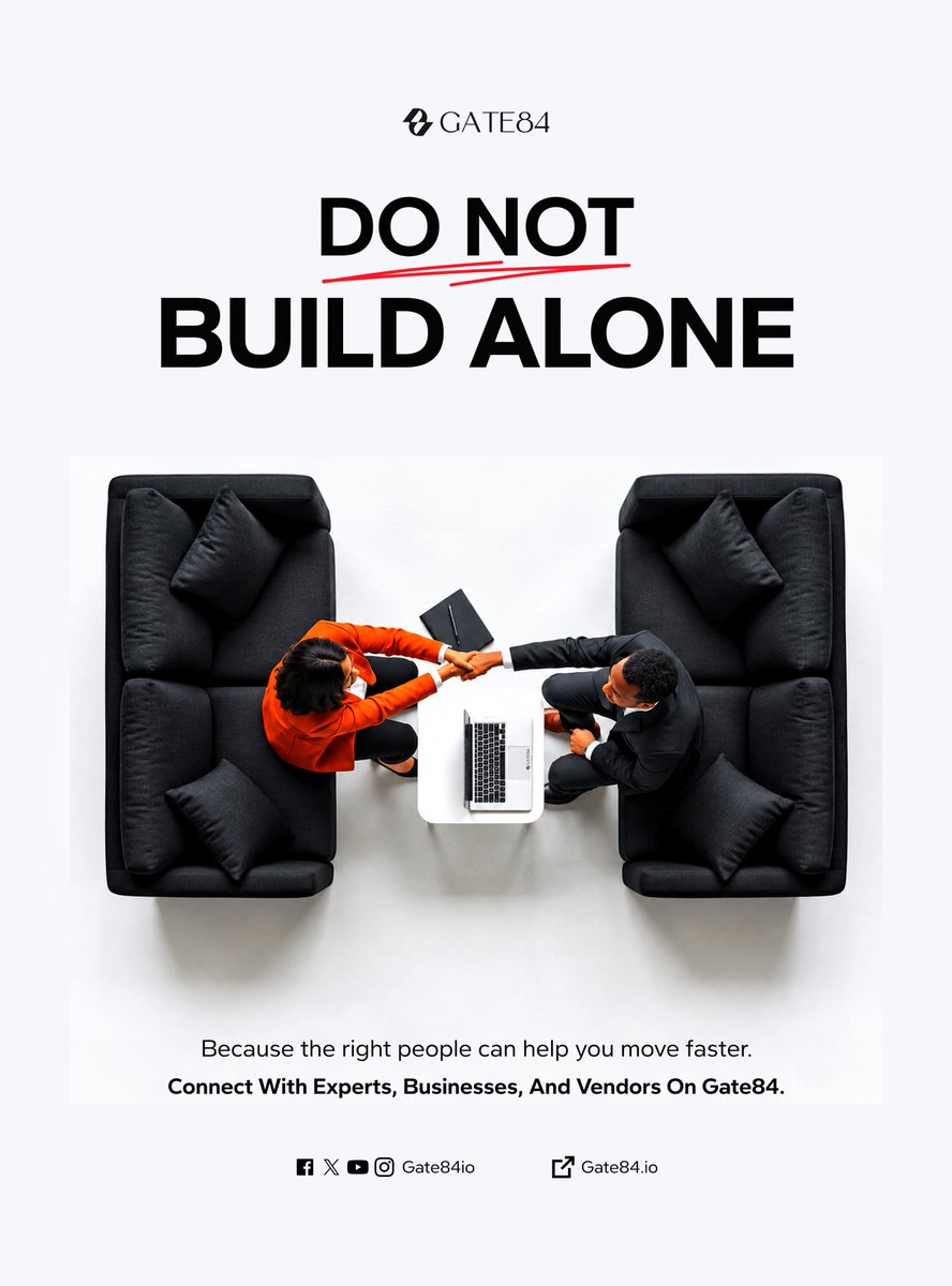 Gate84io's tweet photo. You do not have to build alone.
Sometimes, the fastest way forward is finding the right person; because the right people can help you move faster.
That is what we are building at Gate84.

#Gate84 #Gate84io #AfricanBusiness #BusinessInAfrica #Entrepreneurship https://t.co/mODuSFCaxV
