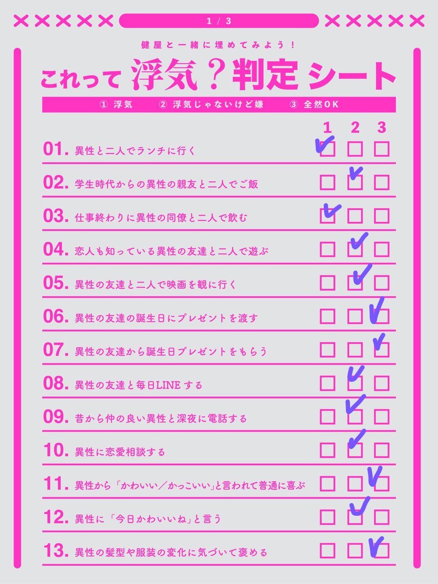 orange_v2525's tweet photo. 流行ってるからやってみた
これが同棲してた彼女に浮気された男の
浮気判定シートです
お納めください
【慰めてください】 https://t.co/CeFts1ltAE