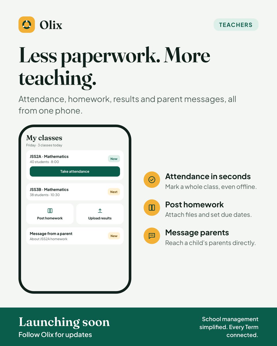 chikezie_jr's tweet photo. Running a school shouldn't mean chasing fees in WhatsApp groups and losing notes in schoolbags. 📚
Olix brings attendance, homework, results, notices and fees into one app.
Launching soon. Follow us! 🚀 #Olix #EdTech #NigerianSchools https://t.co/PE1A5lXPqa