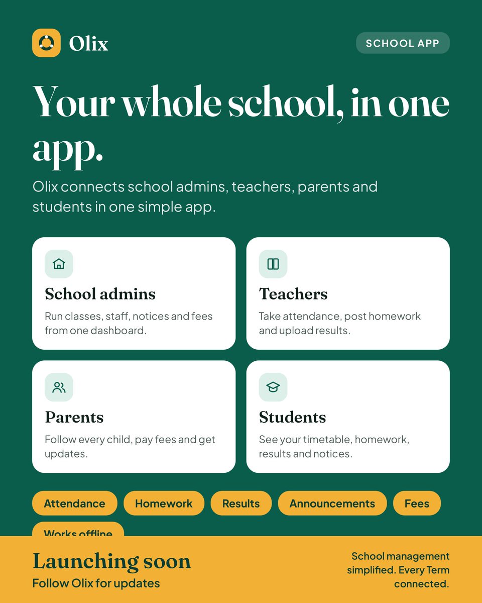 chikezie_jr's tweet photo. Running a school shouldn't mean chasing fees in WhatsApp groups and losing notes in schoolbags. 📚
Olix brings attendance, homework, results, notices and fees into one app.
Launching soon. Follow us! 🚀 #Olix #EdTech #NigerianSchools https://t.co/PE1A5lXPqa