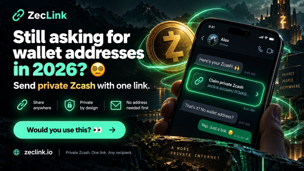 zeclink_io's tweet photo. Still asking for wallet addresses in 2026? 😵‍💫

That feels… outdated.

With ZecLink:
🔗 create a private ZEC claim link
📩 send it anywhere
🛡️ let the recipient choose where to receive it
No address upfront. No friction. No nonsense.
Would you actually use this? 👀
https://t.co/sIF5MtQ6ZJ #zec #zcash