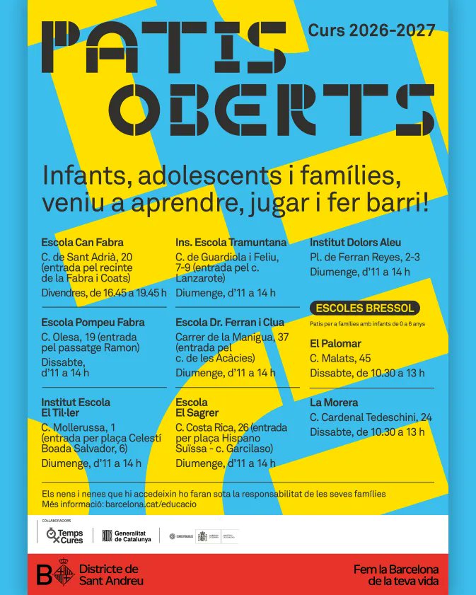 AVVSantAndreu's tweet photo. 🏫 Torna el servei de Patis Escolars Oberts a 9 centres de Sant Andreu: 7 escoles/instituts i 2 escoles bressol.

Novetat d'enguany: el Didaltruck i el Reparatruck visiten un pati del districte 👇
https://t.co/xrhwHT0eJ5
#SantAndreu #PatisOberts https://t.co/2blm6wc6hU