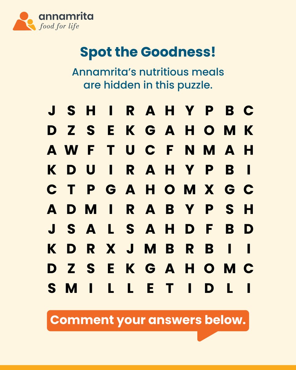 AnnamritaISKCON's tweet photo. Think you can crack the grid? Find the meals hidden within and drop your answers in the comments!
#AnnamritaFoundation #FoodForLife #Nutrition https://t.co/qqlY8sD278