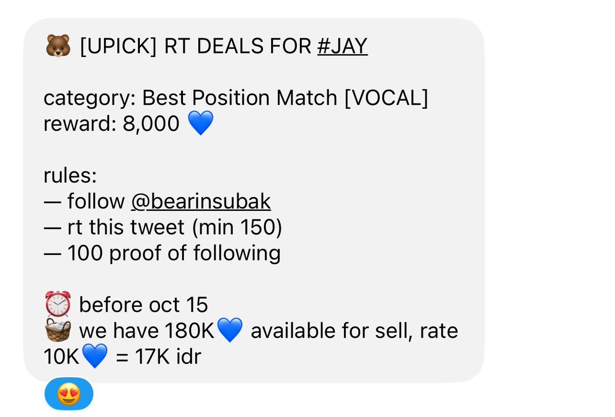 preciousjeyi's tweet photo. 🐻 [UPICK] RT DEALS FOR #JAY

category: Best Position Match [VOCAL]
reward: 8,000 💙

rules:
— follow @bearinsubak 
— rt this tweet (min 150) 
— 100 proof of following

⏰ before oct 15
🧺 we have 180K💙 available for sell, rate 10K💙 = 17K idr https://t.co/Hj6cye13DA