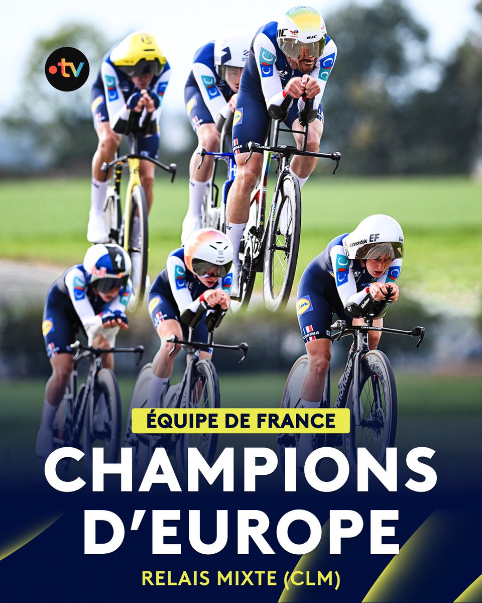 francetvsport's tweet photo. 🚴 #EuroRoad26 | 🇫🇷 L'équipe de France est CHAMPIONNE D'EUROPE du relais mixte pour la deuxième fois consécutive !

🥇 Bruno Armirail, Rémi Cavagna, Thibault Guernalec, Juliette Berthet, Cédrine Kerbaol et Maëva Squiban conservent le titre acquis l'année dernière ! https://t.co/KHSVktSYAW