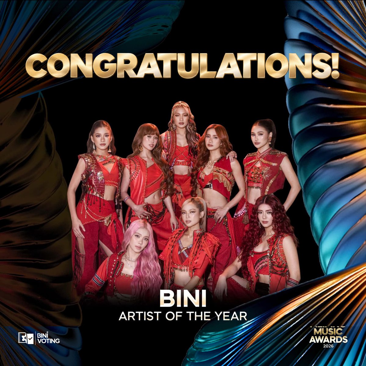 BINIVotingTeam's tweet photo. 📣 [ FILIPINO MUSIC AWARDS 2026 ]

Congratulations to BINI for winning 𝑨𝒓𝒕𝒊𝒔𝒕 𝒐𝒇 𝒕𝒉𝒆 𝒀𝒆𝒂𝒓 at the Filipino Music Awards 2026! 🏆

From their music and performances to the impact they continue to make, BINI’s journey has been nothing short of remarkable.

Congratulations, our Artist of the Year, BINI! 🌸

BINI AT FMA 2026

#BINIFMA_ArtistOfTheYear
#BINIFMA_TourOfTheYear
#BINIShinesAtTheFMA
#BINI