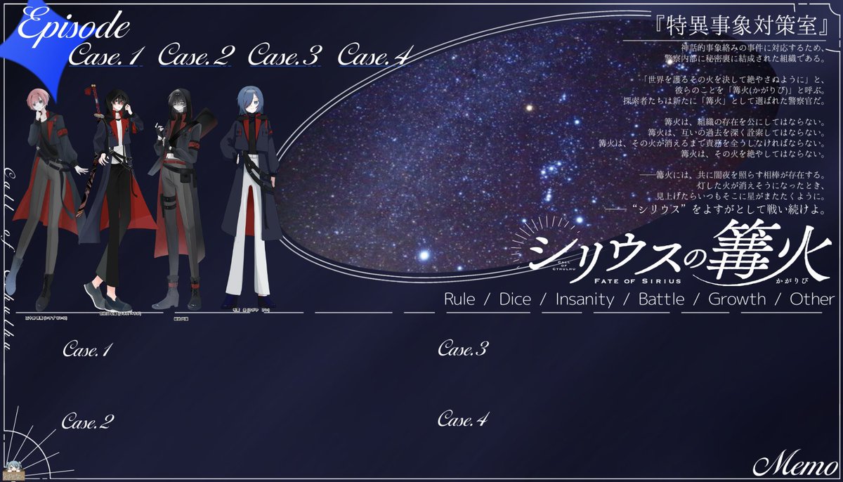 Tokinome_trpg's tweet photo. ✧┈┈┈┈┈┈┈┈┈┈┈┈┈┈┈✧

CoC6th「シリウスの篝火」

KP：ときのめ

PL/PC：Alba/五十鈴 青藍
　　　　柊々/羽佐田 紅駕
　　　　電気飴/城詰 四葉
　　　　しゃお/毛萱 圭
（敬称略）

END-Aにてシナリオ終幕

✧┈┈┈┈┈┈┈┈┈┈┈┈┈┈┈✧ https://t.co/w0VSXvACoT
