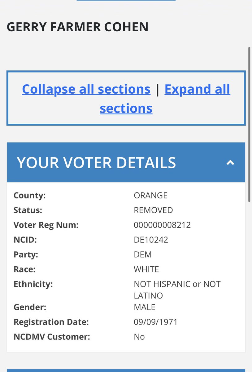gercohen's tweet photo. 97 counties moved their registration records to the #ncsbe system circa 2000-2003, Wake, Guilford and Mecklenburg in 2005. A rocky transition. I voted in Orange County 1971-84 then in Wake since then. I still have an Orange County record online albeit “removed” status, with a different NCID
