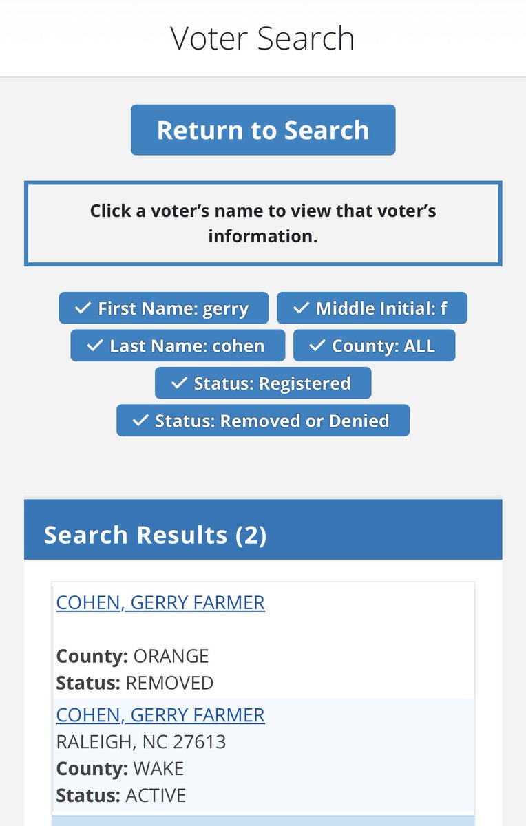 gercohen's tweet photo. 97 counties moved their registration records to the #ncsbe system circa 2000-2003, Wake, Guilford and Mecklenburg in 2005. A rocky transition. I voted in Orange County 1971-84 then in Wake since then. I still have an Orange County record online albeit “removed” status, with a different NCID