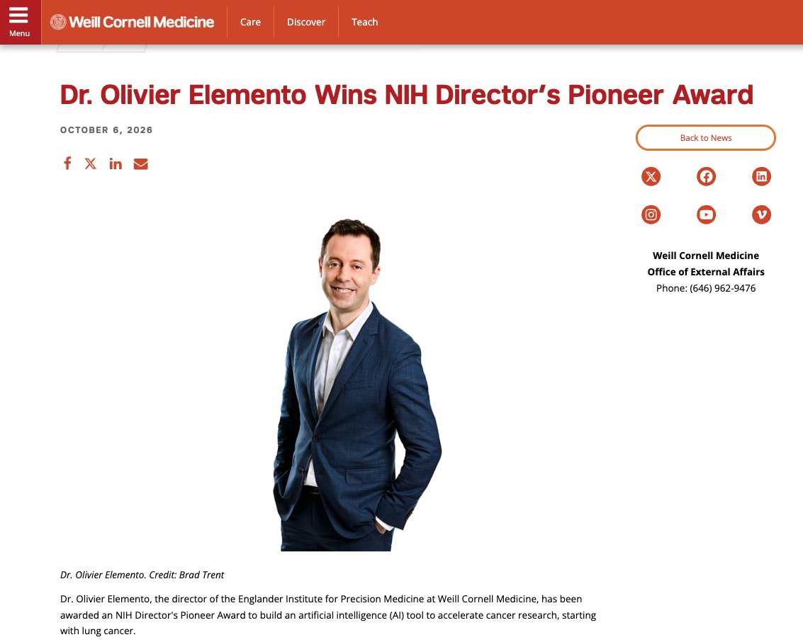 ElementoLab's tweet photo. Big news today: I am deeply honored to receive the NIH Director's Pioneer Award, one of only seven given this year across all fields! We will build an AI engine that generates cancer hypotheses from human data and tests them with robots in tumor organoids https://t.co/n4rqtssmYB https://t.co/iGRbIh3C3P