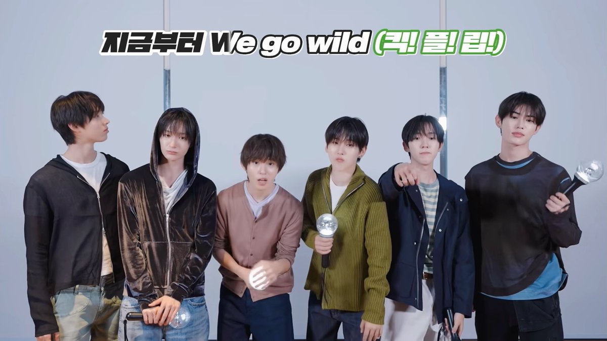 Six young men pose together holding silver spherical objects under text that reads '지금부터 We go wild (퀵 헬퍼)' in Korean and English.