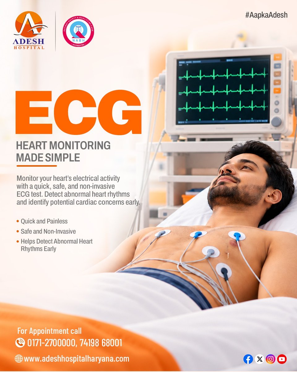 AdeshHospital's tweet photo. ECG – Heart Monitoring Made Simple

At Adesh Hospital Haryana, get reliable cardiac evaluation and expert medical care for your heart health.

📞 Call Now: 0171-2700000 | 74198 68001

#AdeshHospitalHaryana #ECG #HeartHealth #Cardiology #CardiacCare #HeartMonitoring #Kurukshetra https://t.co/GGWev3LG7s
