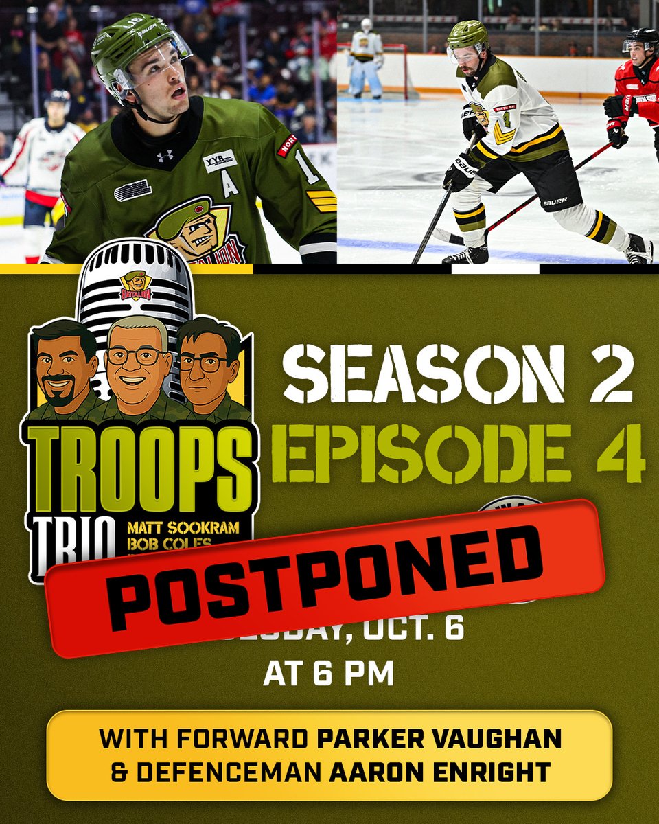 OHLBattalion's tweet photo. Attention #7thMan 

Tonight’s taping of Troops Trio has been postponed. Stay tuned for the update date coming soon. 

We’ll see you back at home Thursday. Get your 🎟️ now. https://t.co/IOP1eVuid9