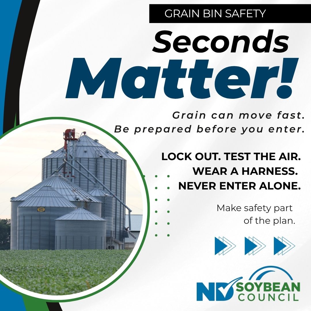 NDSoybean's tweet photo. 🌱 Grain Bin Safety: Don’t Take Chances.

Before entering a grain bin:
✅ Ask if the job can wait until the bin is empty.
✅ Lock out and tag out equipment.
✅ Test the air for toxic gases.
✅ Wear a safety harness.
✅ Never enter alone.

Flowing grain can engulf a person in seconds. Take the extra time to plan, communicate and work safely.

Learn more: https://t.co/QygUstCwWQ