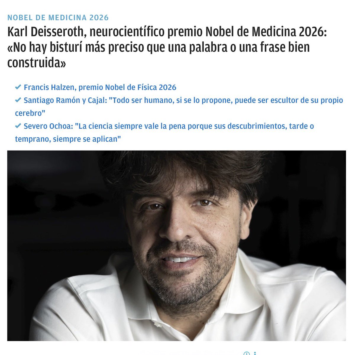 JoseMarioMX's tweet photo. El Nobel de Medicina 2026 deja una paradoja extraordinaria: Karl Deisseroth ayudó a crear una técnica capaz de encender y apagar neuronas con luz y precisión de milisegundos. Sin embargo, sostiene que “no hay bisturí más preciso que una palabra o una frase bien construida”.

La frase no nació hablando sólo de psiquiatría. Deisseroth discutía algo más incómodo: cómo políticos, medios y otras personas pueden modificar nuestra conducta mediante el lenguaje. La optogenética interviene circuitos desde la biología; las palabras pueden hacerlo a través del significado, la memoria, las emociones y las expectativas.

Ahí aparece también un problema jurídico antiguo con una dimensión nueva: si las palabras tienen poder real sobre las personas, ¿cómo protegemos simultáneamente la libertad de expresión y la autonomía frente a la manipulación? Quizá la neurociencia esté demostrando algo que el Derecho sabe desde hace siglos: gobernar las palabras también es gobernar poder.