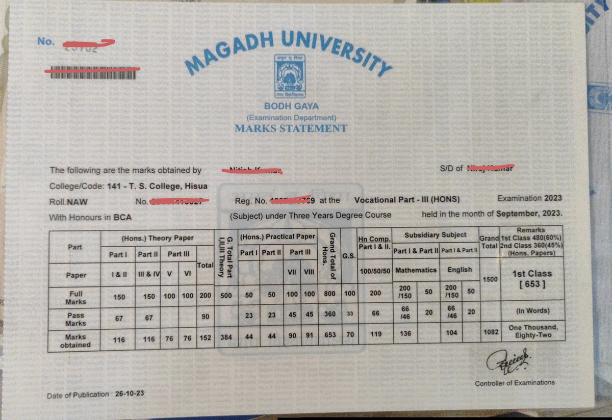 ItzRishavMani's tweet photo. Magadh University Vocational BCA Part III marksheets of Session 2019 22 wrongly mention “Examination 2023” instead of “2022”. The entire session is affected, causing issues with Degree and official work. Kindly intervene and ensure corrected marksheets are issued.
@BiharCMQRT https://t.co/ccBRrxBxO5