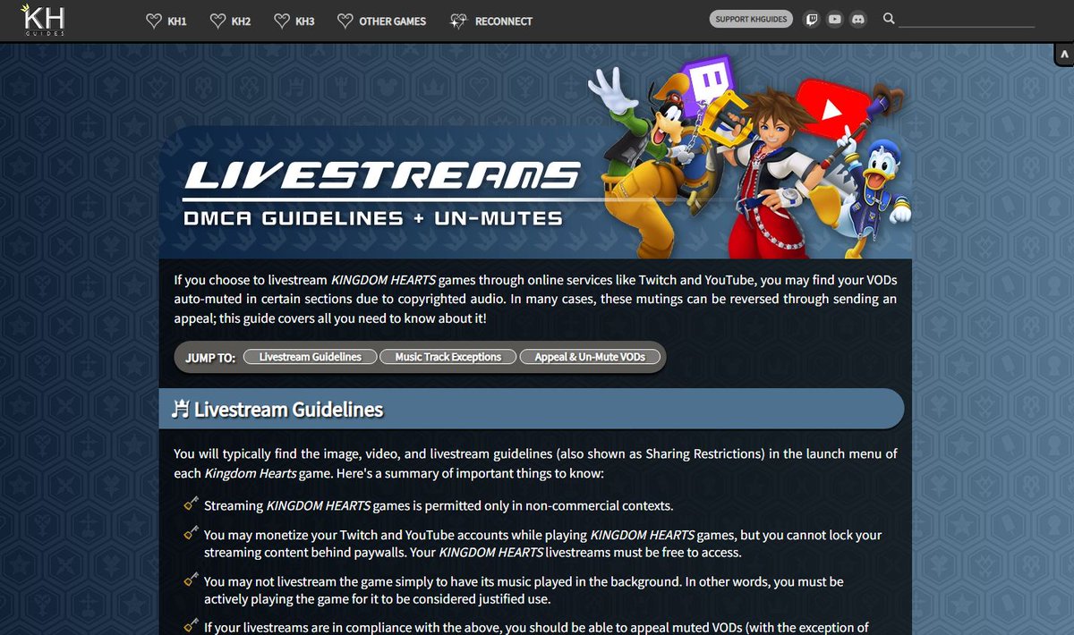 KHGuides's tweet photo. 📢 STREAMERS! 📢

Tired of having your #KingdomHearts VODs muted? You're in luck!

A new guide is now available on the KHGuides website that covers:

☑️ KH Livestreaming guidelines
☑️ Which songs are eligible for DMCA
☑️ How to appeal DMCA-muted VODs

🔗 https://t.co/0lCdv9ZD4l https://t.co/7RpvcslIxV
