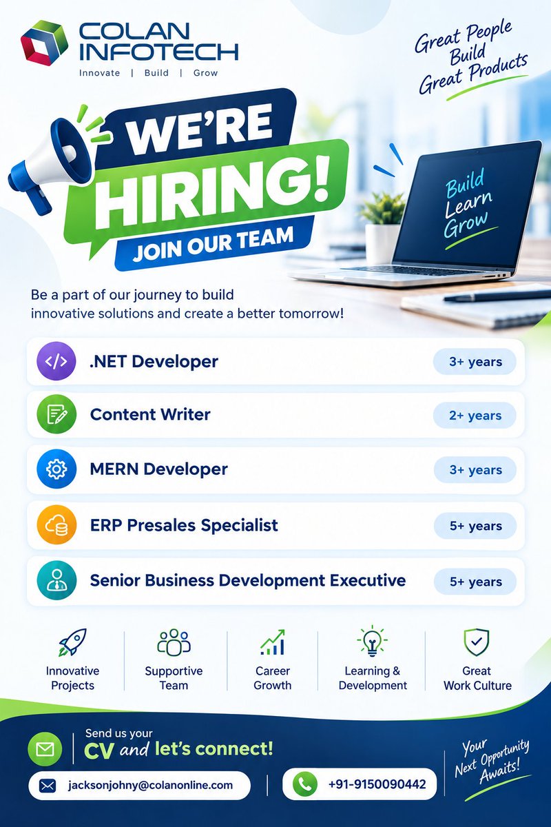 colan_infotch's tweet photo. π Weβre Hiring at Colan Infotech!
π© Send your CV and letβs connect!
π§ jacksonjohny@colanonline.com
π +91 91500 90442
#ColanInfotech #WeAreHiring #TechJobs #HiringNow #DeveloperJobs #ContentWriterJobs #MERNDeveloper #DotNetDeveloper #ERPCareers https://t.co/gDDMBqaWmd