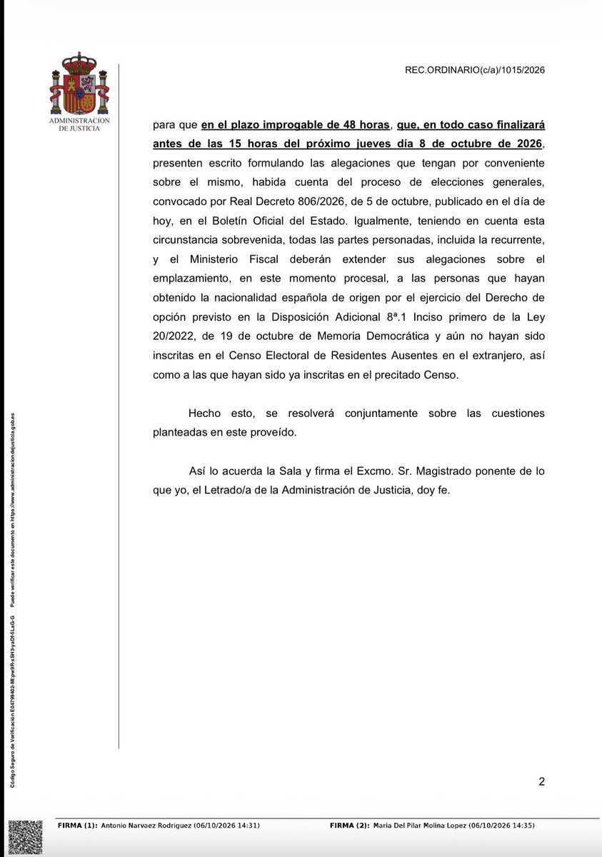 Jorgebuxade's tweet photo. El Tribunal Supremo da traslado del escrito de VOX exigiendo la ejecución del Auto de 10 de septiembre de 2026 a las partes y concede 48 horas de plazo para alegar a la vista de la convocatoria de elecciones. https://t.co/hypz8xpbK6