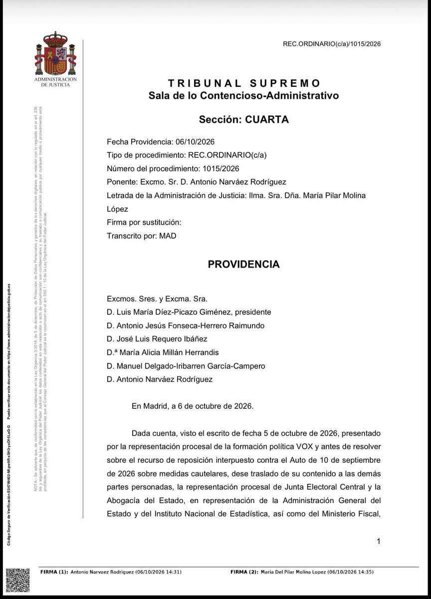 Jorgebuxade's tweet photo. El Tribunal Supremo da traslado del escrito de VOX exigiendo la ejecución del Auto de 10 de septiembre de 2026 a las partes y concede 48 horas de plazo para alegar a la vista de la convocatoria de elecciones. https://t.co/hypz8xpbK6