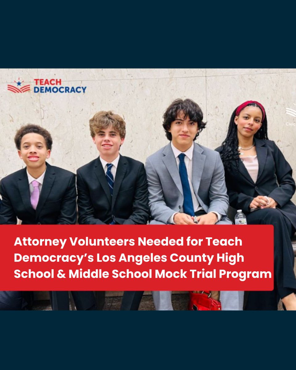 LACBA's tweet photo. Volunteer for Student Mock Trials! 

This year, nearly 150 schools are participating in the 49th Annual Los Angeles County Mock Trial Competition, bringing hundreds of middle and high school students into the courtroom to compete and put their skills to the test. 

To make this experience possible, legal community volunteers are needed to preside over and score trials.

Learn more: https://t.co/mfNbuCYlb8

#TeachDemocracy #MockTrial #losangeleslawyer #volunteer #californialawyer #legalcommunity #losangelesattorney