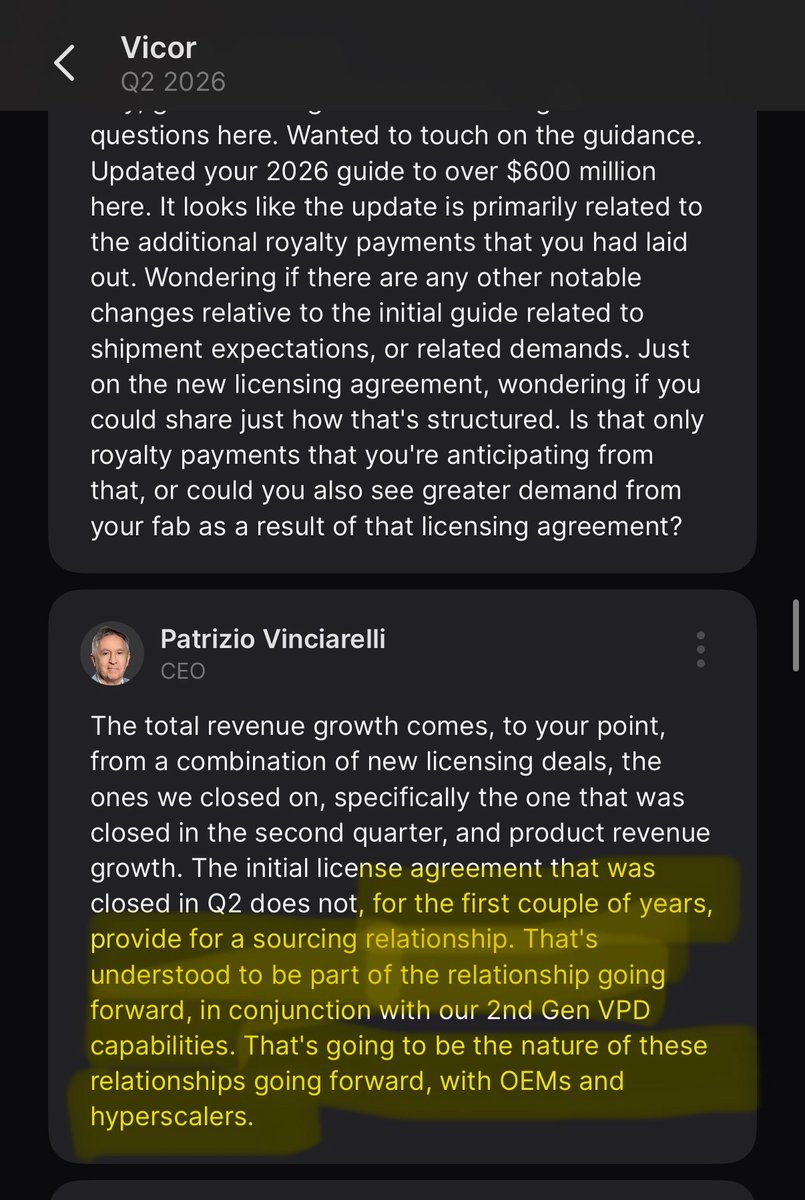 joedab12's tweet photo. $VICR Here are a couple tidbits from the last earnings call that I think EVERYONE should pay attention to. These mean a lot more after that recent "Leading AI OEM" license was announced for VPD...that newest license is the first to specifically mention VPD....

these 2 gems on the last call are implying that all new licenses are being negotiated with an understanding to source gen2 VPD from Vicor directly....

You can see the CEO's confidence here talking about the whole industry using their technology. 

Combine all this with the fact that he turns 80 this month....and holds 20m out of 43m total shares, and is only selling 1m of them between 404 and 800 via this latest 10b5 plan. Founder/CEO at 80 years old still owns over 40% stake in the company and only selling 5% of his shares between 404 and 800. 

Do you guys see why I pound the table so hard on this one? Paying attention to these nuances can make you filthy rich.