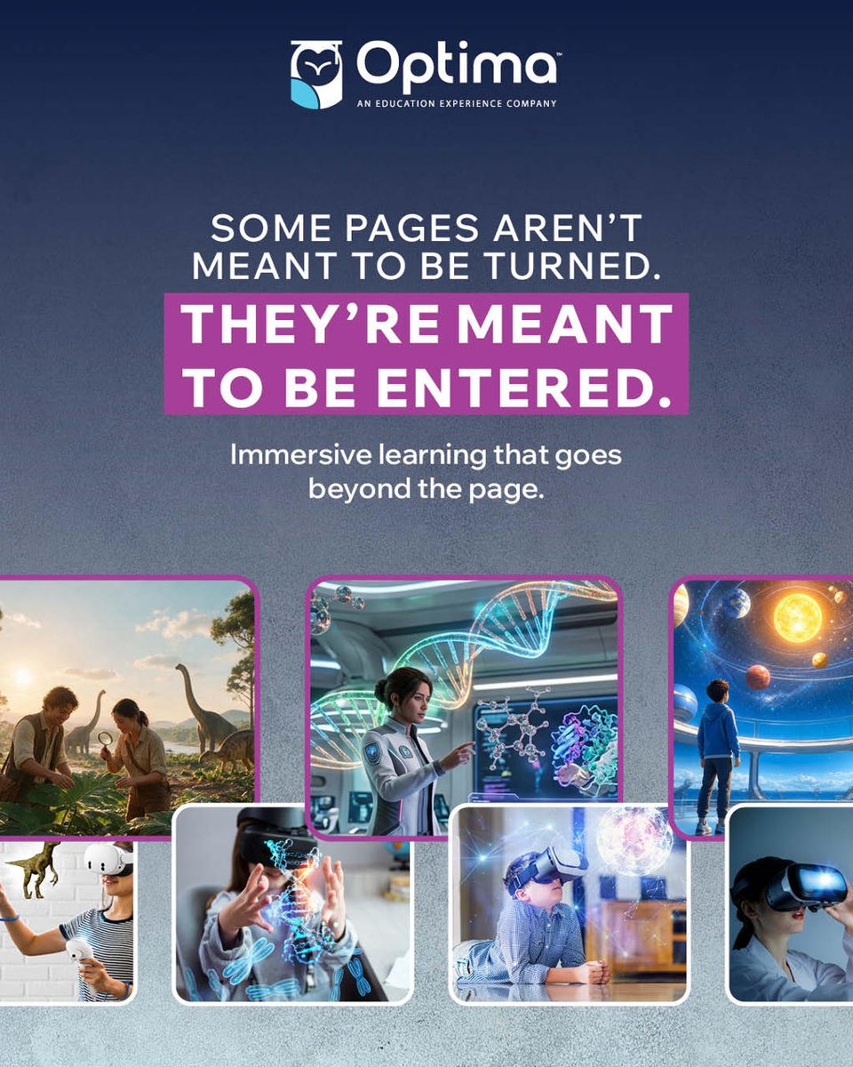 OptimaEd's tweet photo. Some lessons are easier to understand when students can step inside them.

Immersive learning turns abstract concepts into experiences students can explore, interact with and remember, from walking among dinosaurs to examining DNA up close.

With OptimaXR, learning doesn’t stop at the page. It becomes a place students can enter.

#ImmersiveLearning #VirtualReality #EdTech #FutureOfEducation #OptimaXR