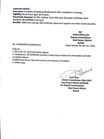 DCKP2024's tweet photo. Interested and unemployed youth of Keyi Panyor District are hereby invited to apply for free skill development training programs under the Deen Dayal Upadhyaya Grameen Kaushalya Yojana (DDU-GKY) Scheme, implemented by Arunachal State Rural Livelihoods Mission (ArSRLM)
#keyipanyor https://t.co/b8Cudx1d6h