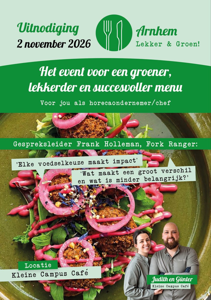 Puuruiteten's tweet photo. UITNODIGING voor horecaondernemers in #Arnhem 👩‍🍳

Je bent van harte uitgenodigd voor het inspiriment van Arnhem Lekker &amp; Groen! op maandag 2 november. Fijn als je erbij bent! https://t.co/YrPFgtdHRt