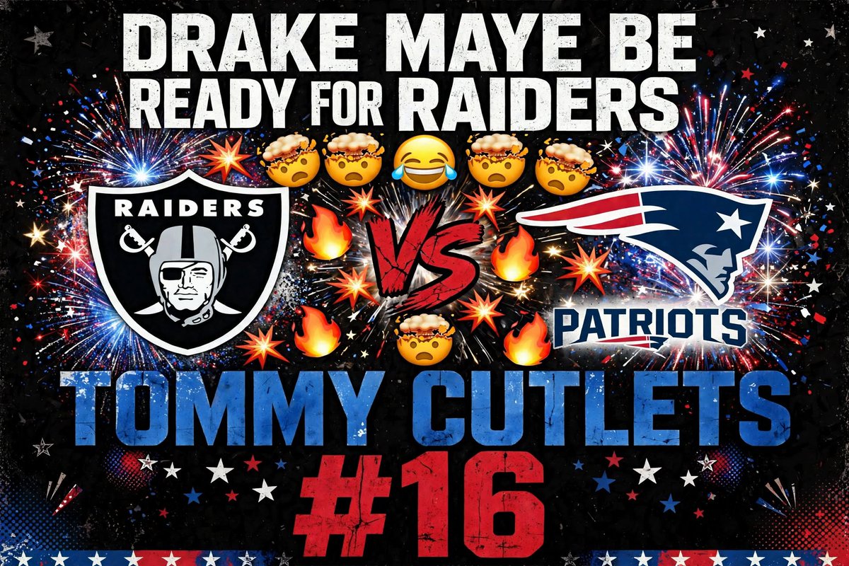 MissCutletsNE's tweet photo. DRAKE MAYE be ready for Raiders 🤯😂
Almost guarantee we see #16 Sunday. Tommy got that swag + BOMBS.
Foxborough bout to be Cutlets City 🍝💣 #NEPats https://t.co/fGyplFeW1G