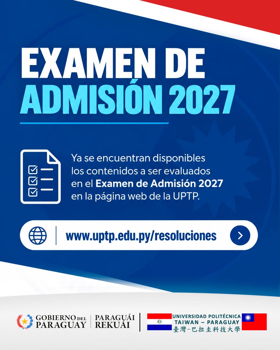 UPTP_py's tweet photo. Examen de Admisión 2027

Ya están disponibles los contenidos a ser evaluados en el Examen de Admisión 2027 de la UPTP.

La información puede ser consultada en la página web institucional, en el apartado de Resoluciones
https://t.co/UsQ0bN9uwU

#UPTP #EducaciónSuperior #Ingeniería https://t.co/Zl9Kz5HyhK