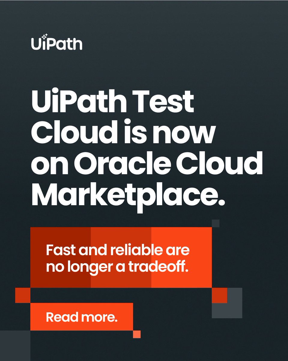 robots4testing's tweet photo. BIG NEWS! UiPath Test Cloud just landed on Oracle Marketplace. Agentic testing now covers your whole Oracle environment, so manual QA cycles can finally take a back seat: https://t.co/tHYHBjF46o https://t.co/J8yQyyqiba