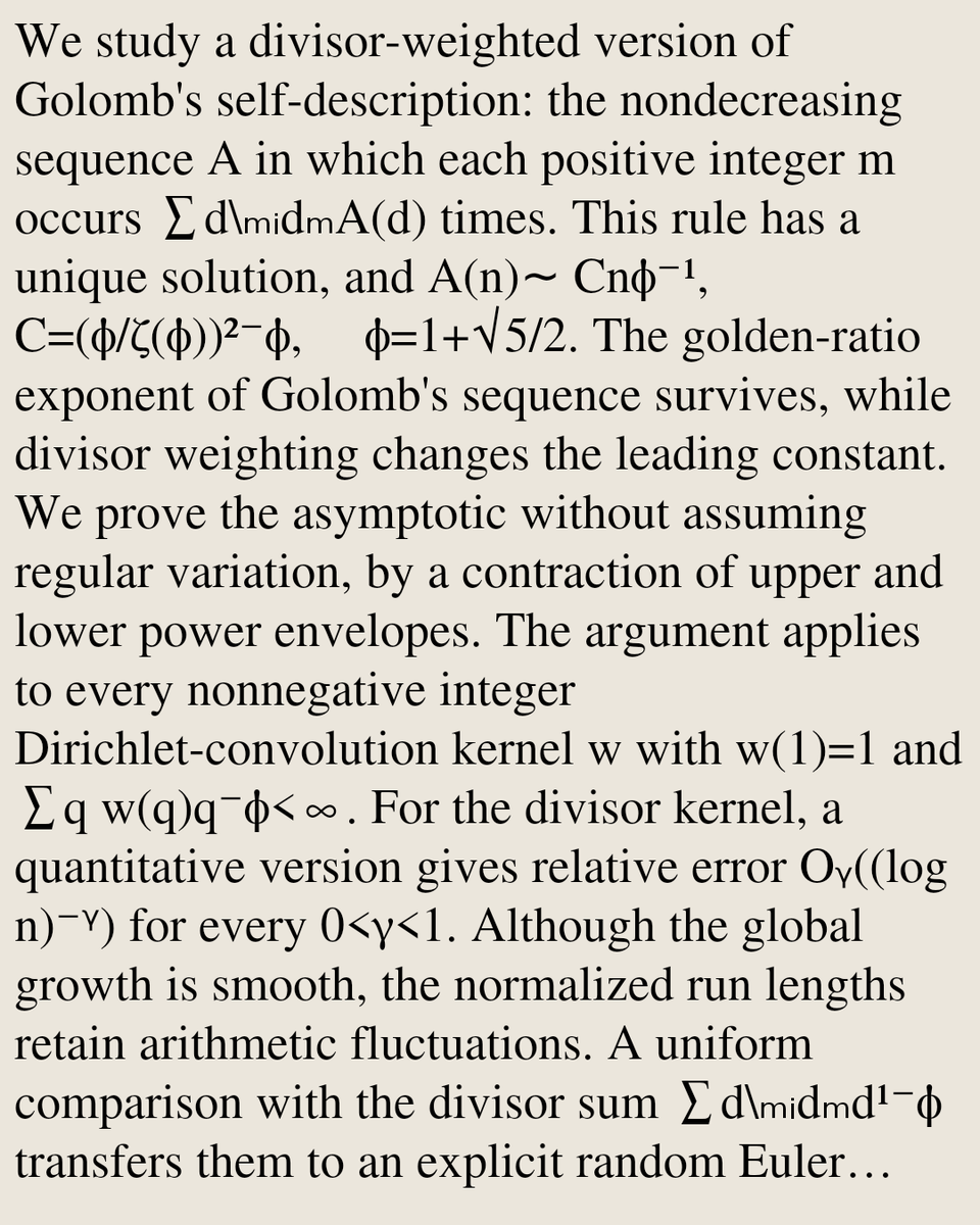 MathPaper's tweet photo. A Divisor-Weighted Golomb Sequence: Zeta Asymptotics and Arithmetic Fluctuations

Marco Mantovanelli
https://t.co/eooXOpeWml [𝚖𝚊𝚝𝚑.𝙶𝙼] https://t.co/vGpVLhFkDd