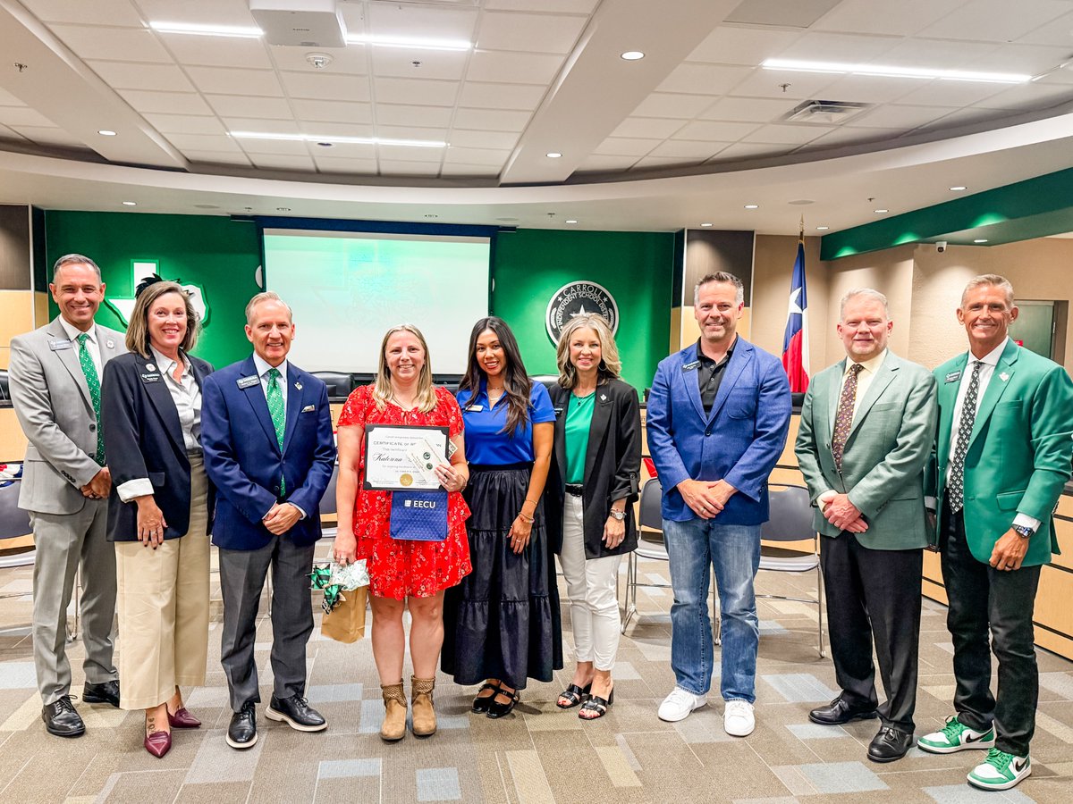 Carrollisd's tweet photo. 📢 October 5 Special Board Workshop Meeting Recap

Last night, the Carroll ISD Board of Trustees held their October Special Board Workshop Meeting, where they celebrated outstanding educators, employees and students from across Dragon Nation.

🍎 Lorren Dutcher, #InspireExcellence Teacher of the Month - Durham Intermediate School
🍎 Jessica Bora, Secondary #InspireExcellence Teacher of the Month - Carroll High School
⭐ Katarina Grigoryan, #InspireExcellence Employee of the Month

Thank you to @EECU for sponsoring Carroll ISD’s #InspireExcellence awards and helping us celebrate the outstanding people who serve our Dragons!

The Board also recognized Carroll Senior High School’s National Merit Semifinalists, celebrating their exceptional academic achievement and the teachers, staff and families who have supported their success.

Board President Cam Bryan provided an update regarding the District’s surplus property at East Highland Street and North Carroll Avenue, including the competitive process used to evaluate proposals, the current Touchmark proposal, and the City of Southlake’s role in the planning and zoning process.

The Board also approved the 2026-27 District and Campus Improvement Plans, which prioritize strong instruction and student growth, focused resources, purposeful technology, and preparing students for the future through career pathways, leadership, and real-world learning.

Read the full meeting recap here: [https://t.co/7iP4skgpZ6]
Read the President’s Report here: [https://t.co/RqtW1spQ5a]
Watch the President’s Report video here: [https://t.co/5eH9NCqY9A]
Watch the full Board Meeting here: [https://t.co/sr8zWE5OMZ]

#WeAreDragons #InspireExcellence