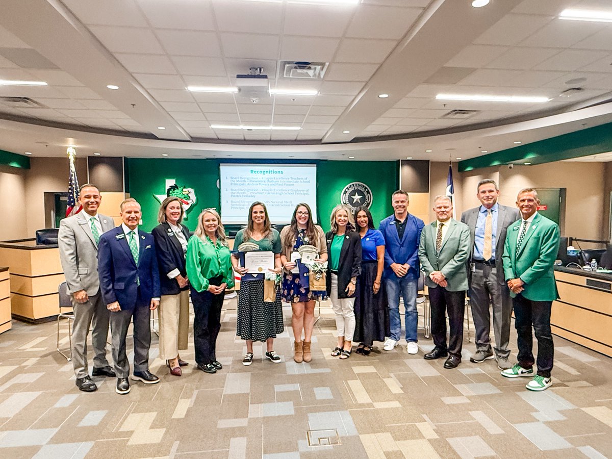 Carrollisd's tweet photo. 📢 October 5 Special Board Workshop Meeting Recap

Last night, the Carroll ISD Board of Trustees held their October Special Board Workshop Meeting, where they celebrated outstanding educators, employees and students from across Dragon Nation.

🍎 Lorren Dutcher, #InspireExcellence Teacher of the Month - Durham Intermediate School
🍎 Jessica Bora, Secondary #InspireExcellence Teacher of the Month - Carroll High School
⭐ Katarina Grigoryan, #InspireExcellence Employee of the Month

Thank you to @EECU for sponsoring Carroll ISD’s #InspireExcellence awards and helping us celebrate the outstanding people who serve our Dragons!

The Board also recognized Carroll Senior High School’s National Merit Semifinalists, celebrating their exceptional academic achievement and the teachers, staff and families who have supported their success.

Board President Cam Bryan provided an update regarding the District’s surplus property at East Highland Street and North Carroll Avenue, including the competitive process used to evaluate proposals, the current Touchmark proposal, and the City of Southlake’s role in the planning and zoning process.

The Board also approved the 2026-27 District and Campus Improvement Plans, which prioritize strong instruction and student growth, focused resources, purposeful technology, and preparing students for the future through career pathways, leadership, and real-world learning.

Read the full meeting recap here: [https://t.co/7iP4skgpZ6]
Read the President’s Report here: [https://t.co/RqtW1spQ5a]
Watch the President’s Report video here: [https://t.co/5eH9NCqY9A]
Watch the full Board Meeting here: [https://t.co/sr8zWE5OMZ]

#WeAreDragons #InspireExcellence