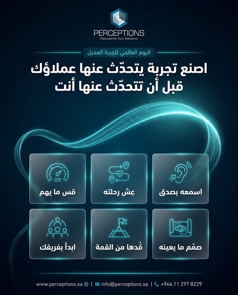 Perceptionsa's tweet photo. هل تعرف كم يكلّفك العميل الذي يغادر بصمت؟

قياس الرضا وحده لا يكفي… ما لم يرتبط بالولاء والإيراد.

في #اليوم_العالمي_لتجربة_العميل:
التجربة ليست مجاملة… بل قرار يُدار بالأرقام.

بيرسبشنز للاستشارات (PMC)
🌐 https://t.co/z6jJfXtFc0
📩 info@perceptions.sa
📞 +966 11 297 8229 https://t.co/cKA2Z7i8jZ