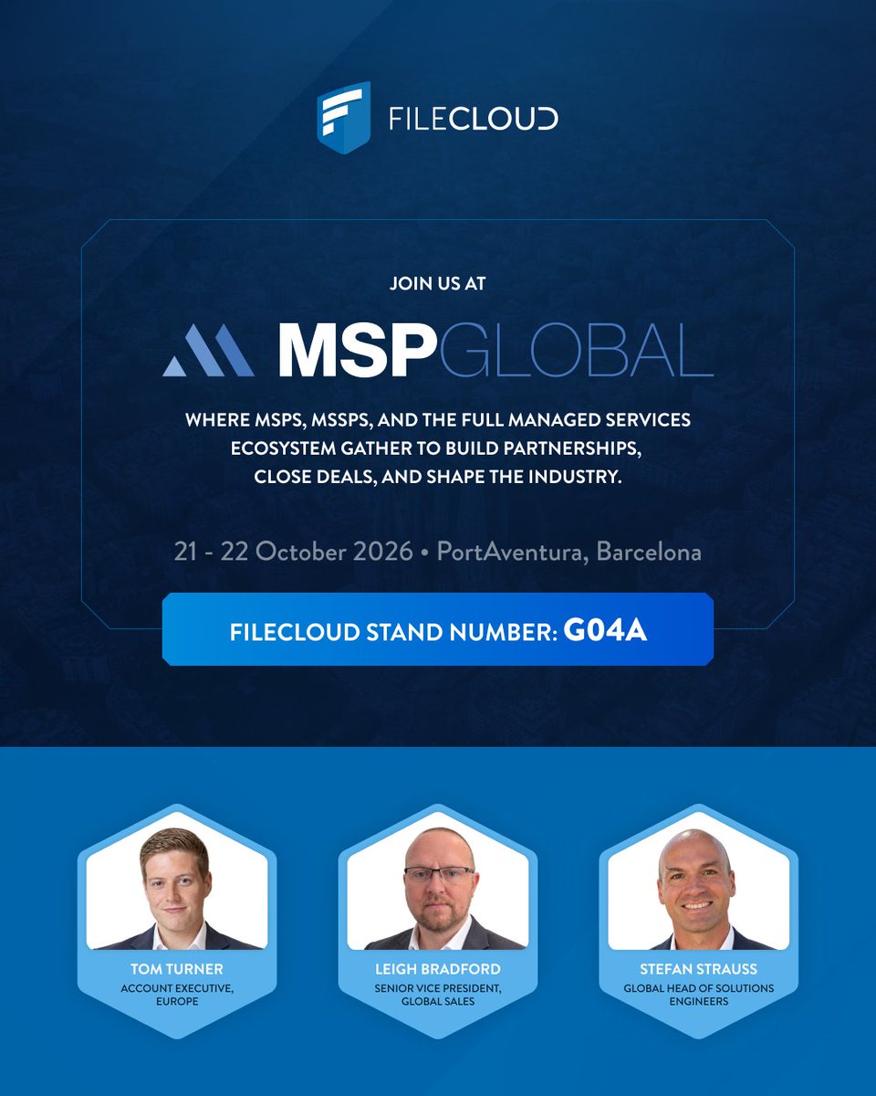 getfilecloud's tweet photo. 🚀 We’re exhibiting at MSP Global 2026 in Barcelona, 20–22 October! 

Visit us at Booth G04a for live demos and discover how FileCloud helps MSPs securely manage client data with greater control and data sovereignty.

#MSPGlobal #MSP #ManagedServices #DataSovereignty #FileCloud https://t.co/FZtmSSd13V