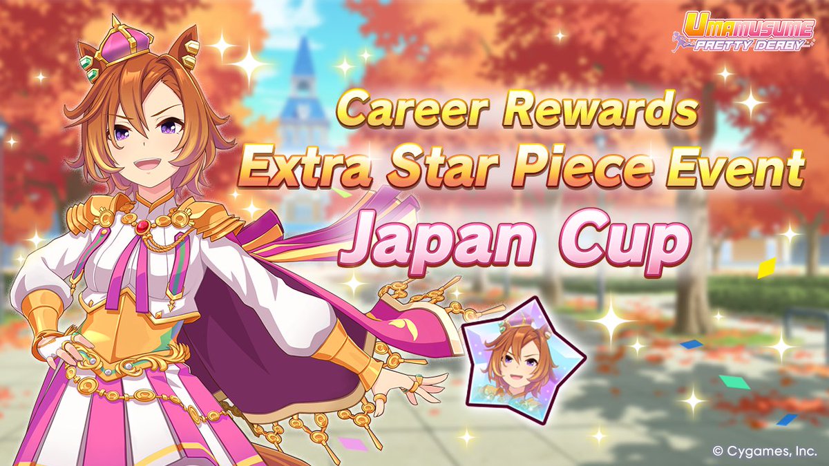 umamusume_eng's tweet photo. Extra Star Piece Event underway!

To celebrate the G1 Japan Cup race, you can earn Star Pieces by winning eligible races during a Career once per day!

For more details, please check the in-game notice.

#Umamusume https://t.co/7otwKArfvr