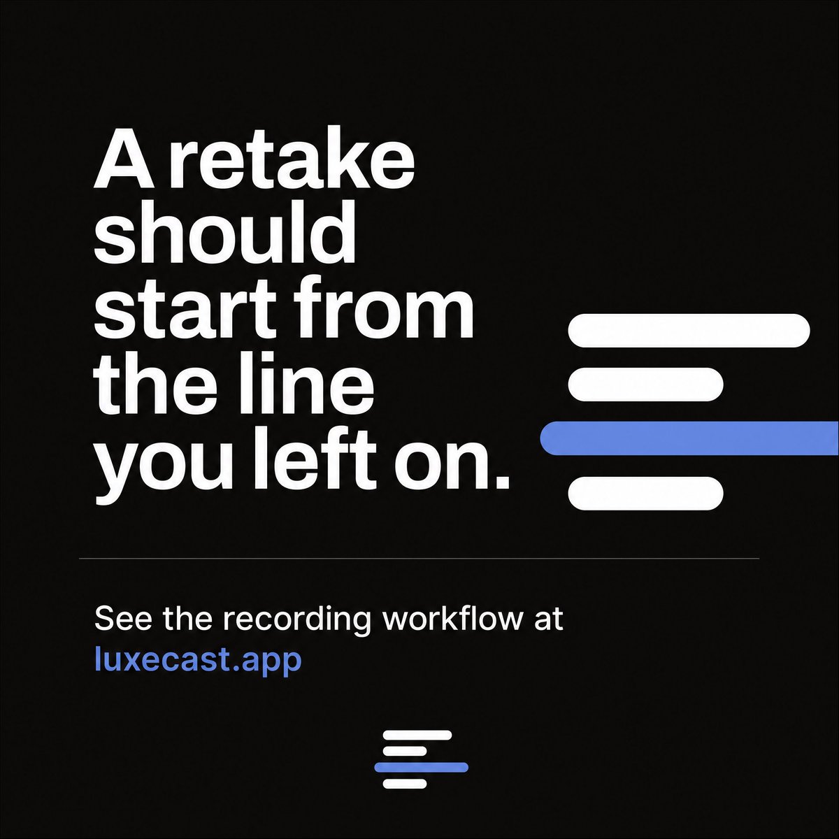 Luxecastapp's tweet photo. A retake should start from the line you left on.

See the recording workflow: https://t.co/HYz6Duaroj https://t.co/z7eG5hHYwy