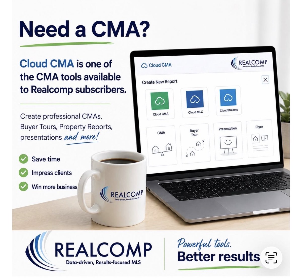 Realcompmls's tweet photo. Looking for a CMA solution? Cloud CMA is one of the CMA tools available to Realcomp subscribers.

Create professional CMAs, Buyer Tours, Property Reports, presentations, flyers, and more to help impress clients and win more business.

#Realcomp #CloudCMA #MichiganREALTORS https://t.co/tX9Gyz5ZUf