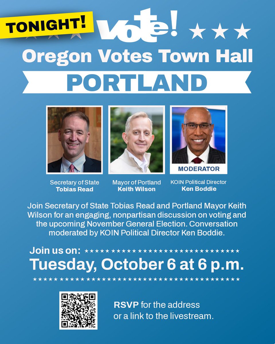 ORSecretaryRead's tweet photo. Portland, the next Oregon Votes Town Hall is tonight at 6 pm! Join me &amp; Mayor Wilson for an engaging, nonpartisan discussion, moderated by KOIN Political Director Ken Boddie, about how we run elections in Oregon. RSVP: https://t.co/f7UesMeMUe

#OregonVotes #OregonElections #orpol https://t.co/30JIKKp602