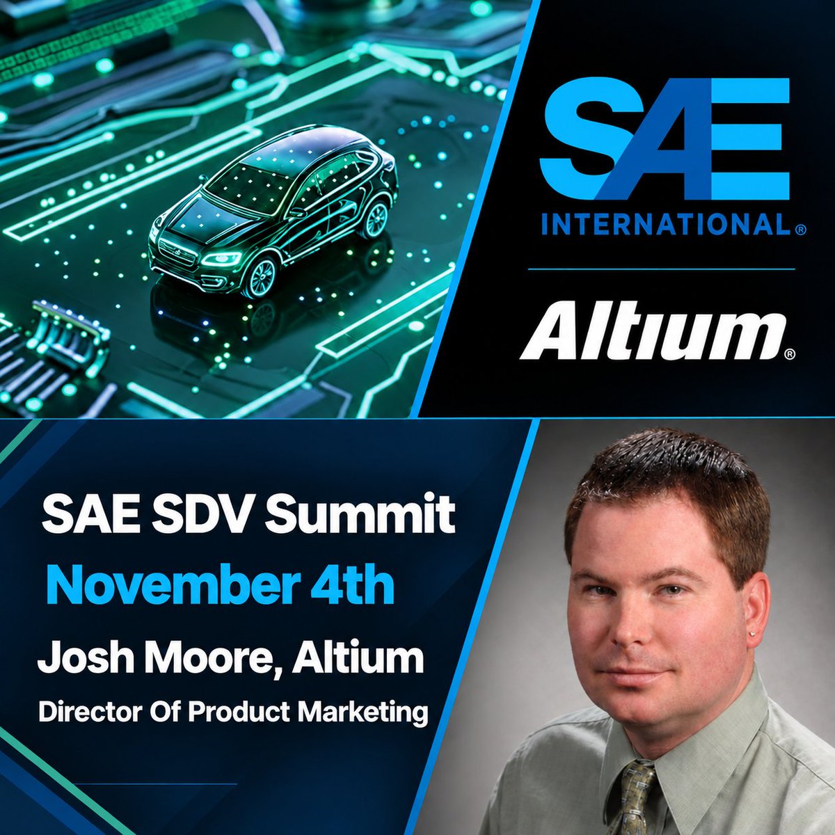 altium's tweet photo. On November 4th, 1:00-1:30 pm EST, at the @SAEIntl SDV Summit, Josh Moore will present how a platform-based approach can help automotive organizations execute electronics development at an enterprise scale.

Register: https://t.co/DFxHQkvxJJ

#AutomotiveElectronics #Altium https://t.co/eKi2umw9Ie