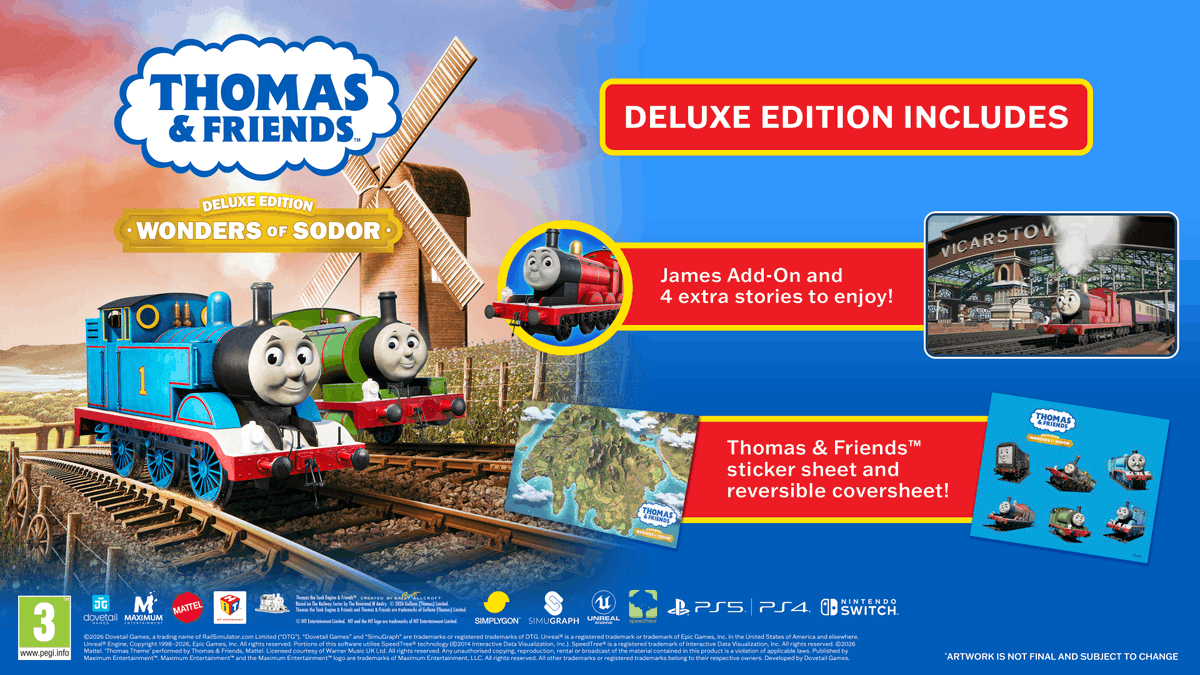 dovetailgames's tweet photo. Thomas &amp; Friends™: Wonders of Sodor - Deluxe Edition is out now for PS4, PS5 and Nintendo Switch across EU and ANZ. The physical version includes the James add-on, a Thomas &amp; Friends sticker sheet and a reverse cover sheet. You can buy now at your local retailers! https://t.co/zdkZlHrfhe