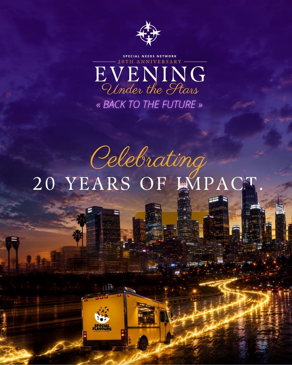 SpecialNeedsLA's tweet photo. For 20 years, Special Needs Network has worked alongside families and communities to expand access, opportunity and inclusion for people with autism and other developmental disabilities.

At 6pm on October 24, we’re celebrating how far we’ve come and raising support for the work still ahead. ✨This year’s Evening Under the Stars: Back to the Future will bring together approximately 400 business, civic, entertainment and philanthropic leaders for an unforgettable evening at a private estate in Pasadena.

And this year, we’re dressing for the occasion. Come in Afrofuturistic Glamour, where ’70s soul meets the future.

Join us for cocktails, dinner, awards, entertainment and dancing as we celebrate 20 years of impact and help build the next 20.

.
.
.

#specialneedsnetwork